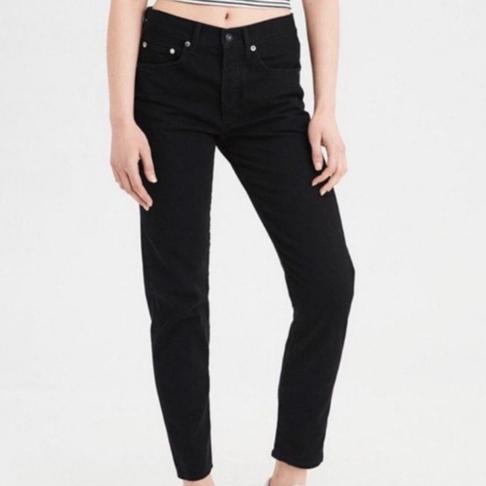 American Eagle Women 16 SHORT Black Denim Button Fly Hi-Rise Girlfriend Jeans
